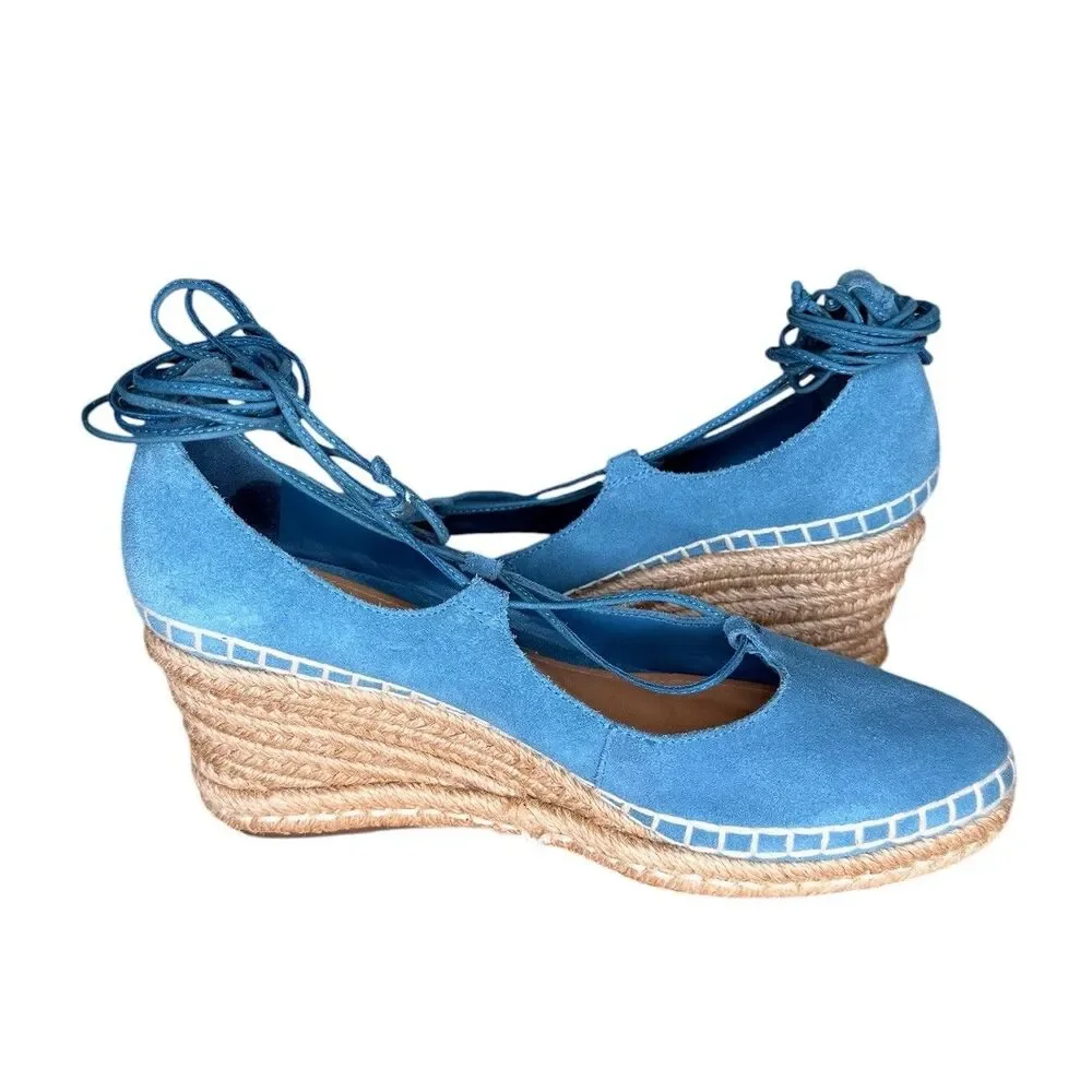 Schutz Wedge Espadrilles Size 6.5 Blue Fechado Salto Medio Acamurcado Suede